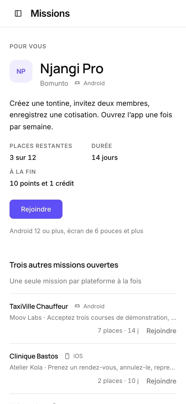 The Missions screen of an ekko tester