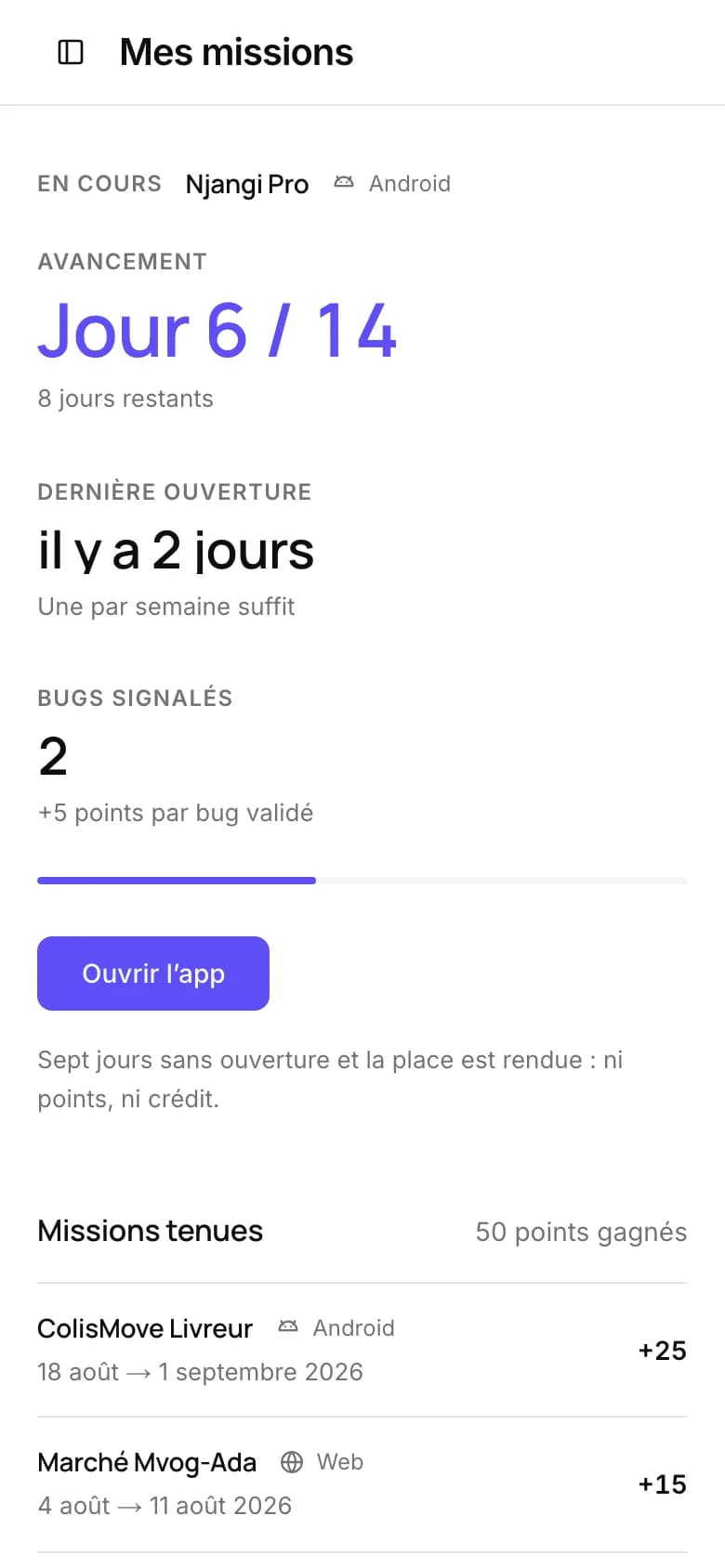 My missions: day 6 of 14, one tester's bugs and points